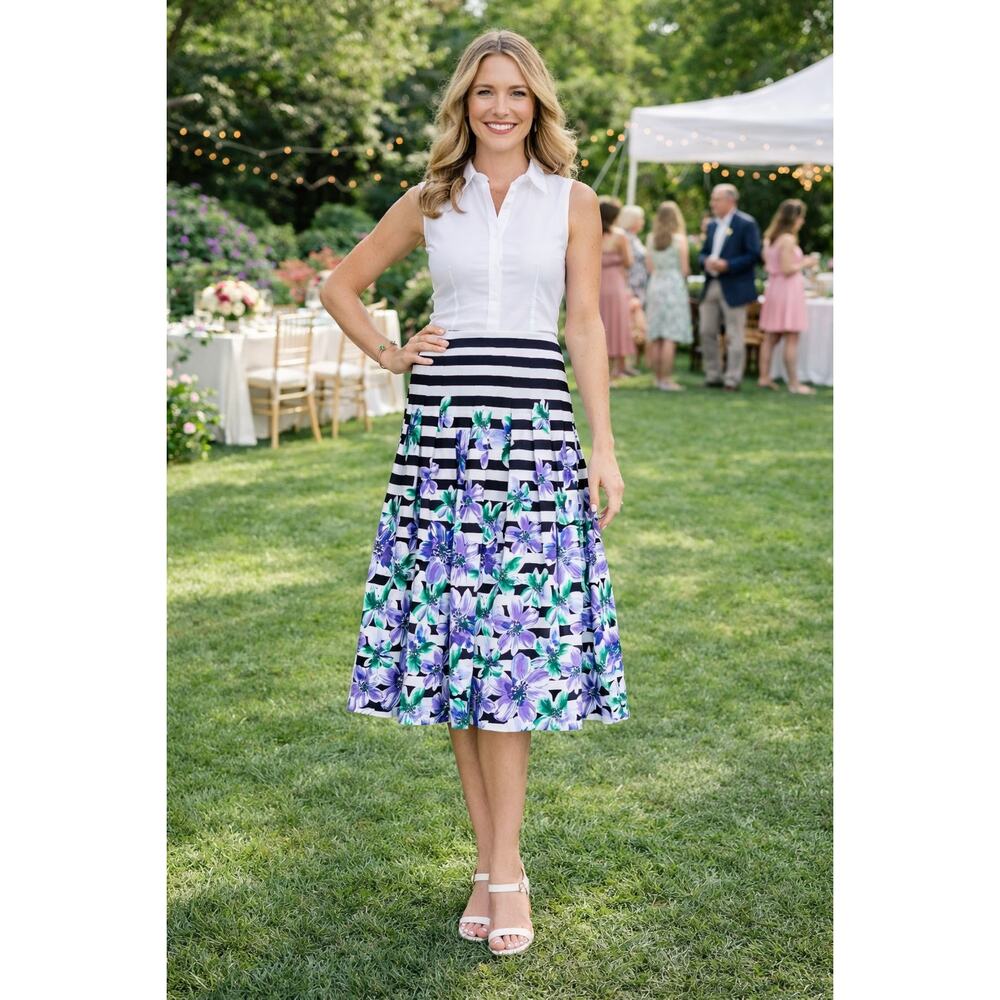 Talbots Black Striped Floral Pleated Midi Skirt Womens Size 8 Feminine Event